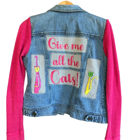 Upcycled Jean Jacket, Size Small: Patchwork Cat Graphics, Waffle Knit Sleeves - Picture 1 of 12